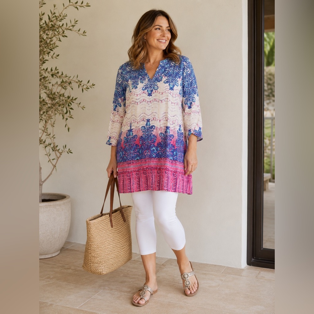 Chico's Blue and Pink Ombre Medallion Tunic 100 percent Linen size Large NWT